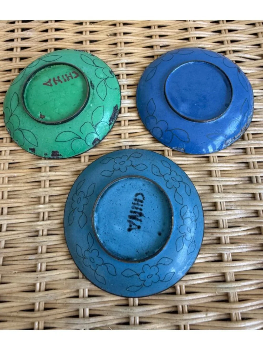 Vintage 30's Chinese Cloisonne Enamel set of 3 Trinket Dishes Floral